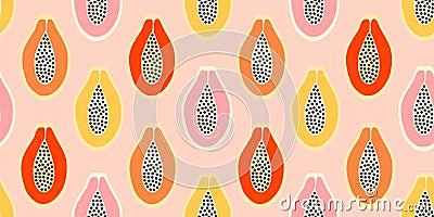 Papaya fruit pattern isolated on blue background. Tropical vector seamless texture. Trendy food. Vector Illustration