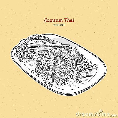 Papaya salad or som-tum , thai food. hand drawn sketch vector Vector Illustration