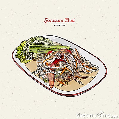 Papaya salad or som-tum , thai food. hand drawn sketch vector Vector Illustration