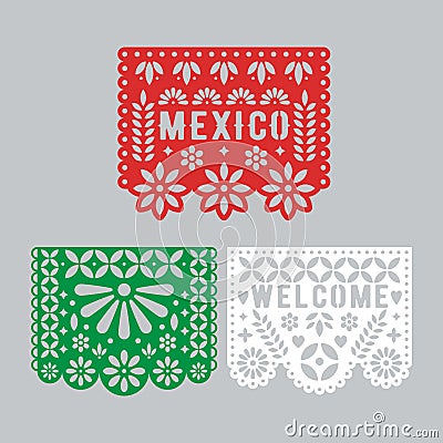 Papel Picado set, Mexican paper decorations for party. Vector Illustration