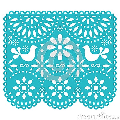 Papel Picado vector template design, Mexican paper decorations with birds and flowers, traditional fiesta banner in turquoise Vector Illustration