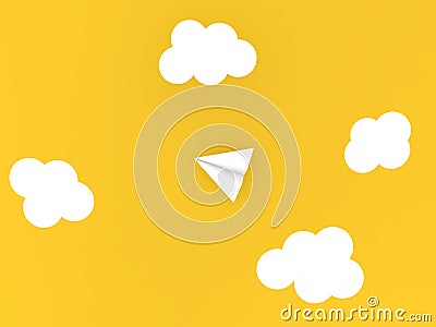 Paper airplane and clouds on a yellow background . Cartoon Illustration