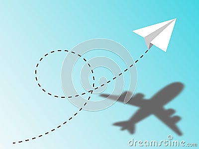 Paper airplane flying trajectory in the blue sky. Concept of vision or potentiality of an idea or project Stock Photo