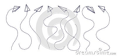 Paper airplane. Graphic flight paths, plane trails. Isolated doodle aviation travel routes. Creative aircraft fly trip Vector Illustration