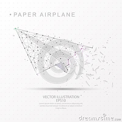 Paper airplane shape digitally drawn low poly wire frame. Vector Illustration