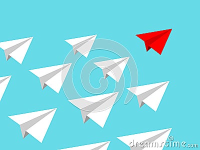Paper airplane team with red leader conducting mission isolated blue clear sky. Teamworking concept Vector Illustration
