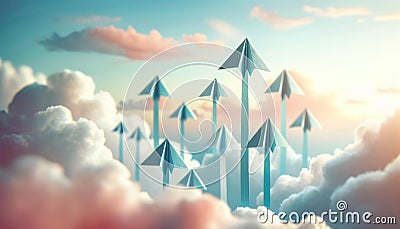 Paper Airplanes Ascending Among Clouds, Success Concept Stock Photo