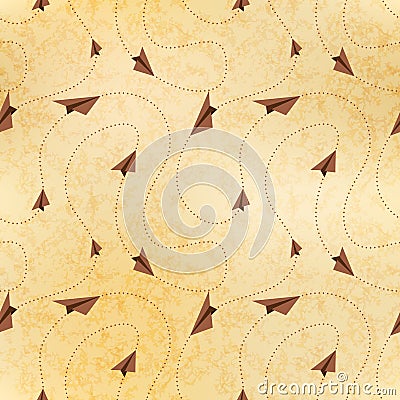 Paper airplanes fly on routes, map on old paper, seamless pattern Vector Illustration