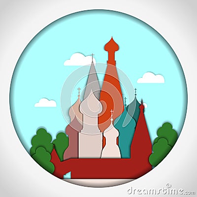 Paper applique style vector illustration. Card with application of St. Basil`s Cathedral, Moscow. Postcard. Vector Illustration