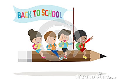 Paper art of Back to school, Children flying on pencil, education concept vector illustration isolated on white background. Vector Illustration