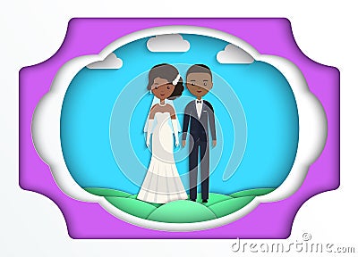 Paper art background with African American bride and groom. Vector. Vector Illustration