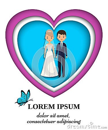 Paper art background with bride and groom. Vector illustration. Vector Illustration