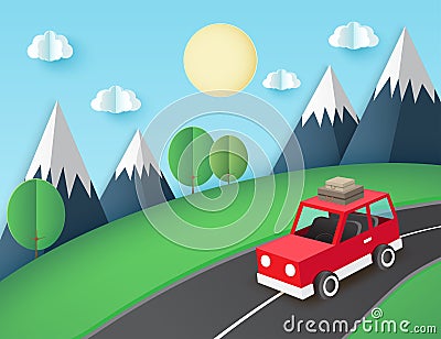 Paper art background, red car with luggage on the road Vector Illustration