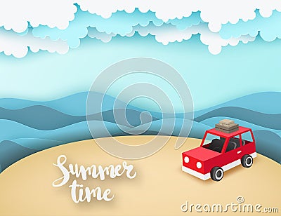 Paper art background with red car park at beach with sea waves Vector Illustration