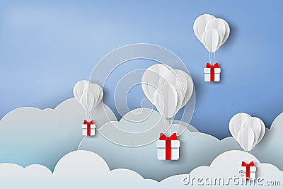 Paper art of balloon white floating and Gift Box on in the air Vector Illustration