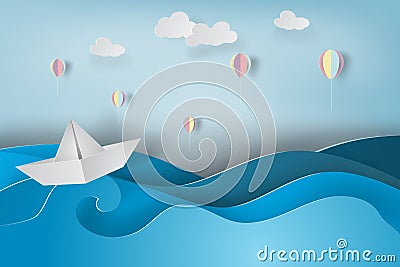 Paper art of boat and balloon with origami made Vector Illustration