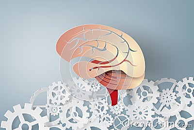 Paper art of brain with gear concept idea Vector Illustration