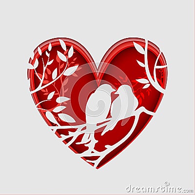 Paper art carve to couple birds on tree branch in heart shape, origami concept. Vector Illustration