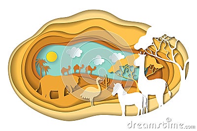 Paper art carving of landscape with african animals. Vector Illustration