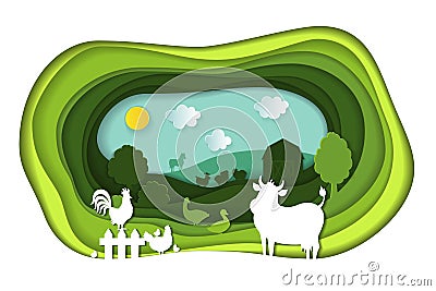 Paper art carving of landscape with farm animals. Vector Illustration