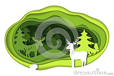 Paper art carving of landscape with forest animals. Vector Illustration