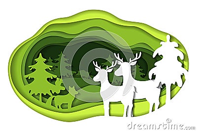Paper art carving of landscape with forest animals. Vector Illustration