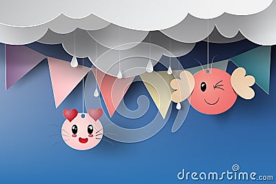 Paper art of cat cartoon with pennant flag on rainy season Vector Illustration