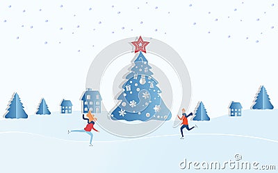 Paper art concept of christmas. Winter landscape snowy street and winter holiday. Sweet Couple boy and girl skating in the winter Vector Illustration