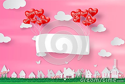 Paper art and craft of happy Valentine Day,Paper signboard air b Vector Illustration