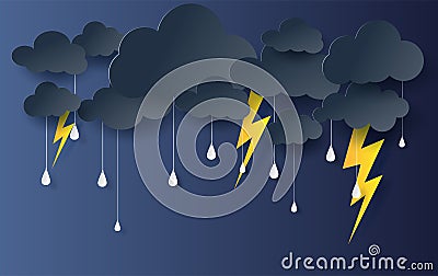 Paper art and craft style of black Cloud and Lightning rainy sea Vector Illustration