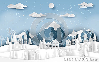 Paper art, Craft style of Landscape countryside village at snow valley in winter season Stock Photo