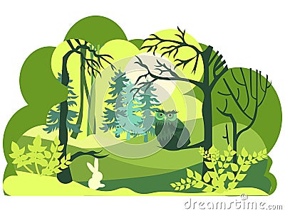 Paper art, cut and craft style of Green forest wildlife with nature layers. Isolated on white background. Wild animals Vector Illustration