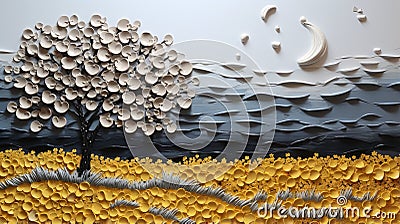 Paper Art 3d Tree And Ocean In Yellow And Gray Stock Photo