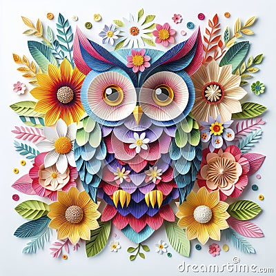 Paper Art Delight: Kirigami Owl Amidst Vibrant Blooms Stock Photo
