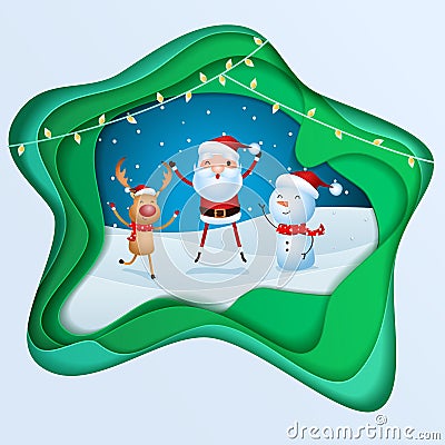 Paper art depth concept of christmas. Cheerful santa claus, snowman, reindeer are christmas companion. christmas snow scene. Vector Illustration