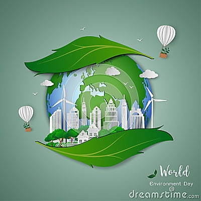 Paper art design of eco friendly and save the environment conservation concept,clean city on leaf shape abstract background Vector Illustration