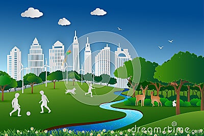 Paper art design of nature landscape,save the environment and energy concept,childs happy and relax in the city park Vector Illustration