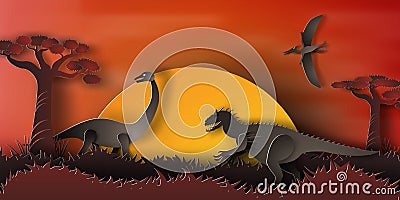 Paper art of Dinosaur in forest with sunset,orange,night,vector, Vector Illustration