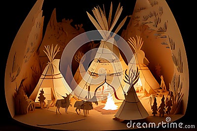 Paper art diorama of Indigenous teepees Stock Photo