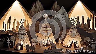 Paper art diorama of Indigenous teepees Stock Photo