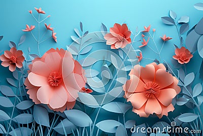 Paper Art Floral Design in Shades of Coral and Blue Stock Photo
