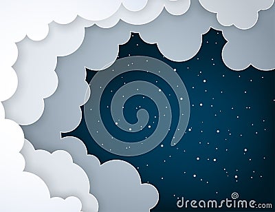 Paper art fluffy clouds and shining stars in midnight Vector Illustration
