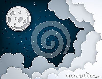 Paper art full moon, rays, fluffy clouds and stars Vector Illustration