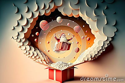 Paper art of Gift box dropping from Santa Claus, merry Christmas and happy new year celebration concept, Generative Ai Stock Photo