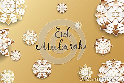 Paper art gold flowers. Greeting card Eid Mubarak, with lettering. Vector stock. Vector Illustration