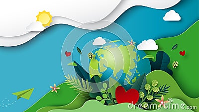 Paper art of green environment and earth day concept Vector Illustration