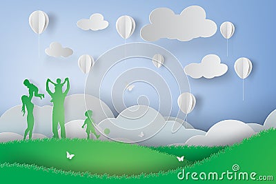 Paper art of Green happy family having fun playing Vector Illustration