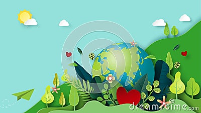 Paper art of green nature and earth day concept background template Vector Illustration