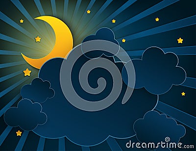 Paper art half moon, rays, fluffy clouds and stars Vector Illustration