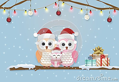 Paper art illustration of cute Owls and snow christmas card Vector Illustration